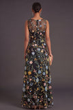 A Line Black Floral Embroidered Long Formal Dress with Slit
