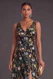 A Line Black Floral Embroidered Long Formal Dress with Slit