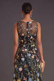 A Line Black Floral Embroidered Long Formal Dress with Slit