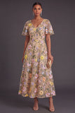 Champagne Floral A Line V Neck Long Wedding Guest Dress
