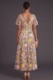 Champagne Floral A Line V Neck Long Wedding Guest Dress