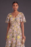 Champagne Floral A Line V Neck Long Wedding Guest Dress