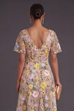 Champagne Floral A Line V Neck Long Wedding Guest Dress