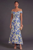 Blue Daffodil Floral Mermaid Off the Shoulder Long Wedding Guest Dress