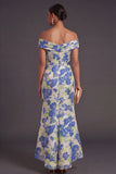 Blue Daffodil Floral Mermaid Off the Shoulder Long Wedding Guest Dress