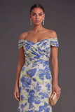 Blue Daffodil Floral Mermaid Off the Shoulder Long Wedding Guest Dress