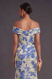 Blue Daffodil Floral Mermaid Off the Shoulder Long Wedding Guest Dress