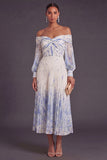 White Blue Floral Pleated A Line Puff Sleeves Long Wedding Guest Dress