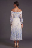 White Blue Floral Pleated A Line Puff Sleeves Long Wedding Guest Dress