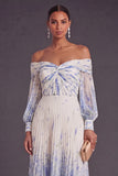 White Blue Floral Pleated A Line Puff Sleeves Long Wedding Guest Dress