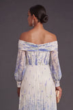 White Blue Floral Pleated A Line Puff Sleeves Long Wedding Guest Dress