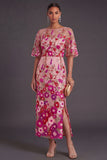 Fuchsia Floral Embroidered Sheath Long Wedding Guest Dress with Slit