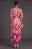 Fuchsia Floral Embroidered Sheath Long Wedding Guest Dress with Slit