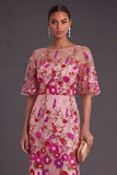 Fuchsia Floral Embroidered Sheath Long Wedding Guest Dress with Slit