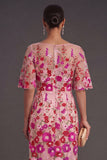 Fuchsia Floral Embroidered Sheath Long Wedding Guest Dress with Slit