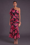 Black Red Floral Mermaid Ruched Long Wedding Guest Dress