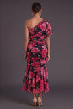 Black Red Floral Mermaid Ruched Long Wedding Guest Dress