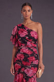 Black Red Floral Mermaid Ruched Long Wedding Guest Dress