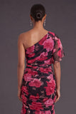 Black Red Floral Mermaid Ruched Long Wedding Guest Dress