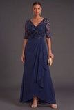 Navy A Line Sparkly Sequined Long Formal Dress with Ruffles
