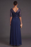Navy A Line Sparkly Sequined Long Formal Dress with Ruffles