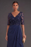 Navy A Line Sparkly Sequined Long Formal Dress with Ruffles
