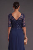Navy A Line Sparkly Sequined Long Formal Dress with Ruffles