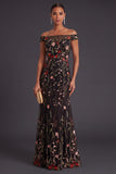 Mermaid Black Floral Embroidered Long Formal Dress