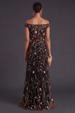 Mermaid Black Floral Embroidered Long Formal Dress