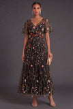 A Line Black Embroidered Floral Long Formal Dress with Sleeves
