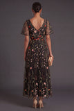A Line Black Embroidered Floral Long Formal Dress with Sleeves