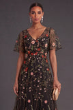 A Line Black Embroidered Floral Long Formal Dress with Sleeves