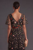A Line Black Embroidered Floral Long Formal Dress with Sleeves