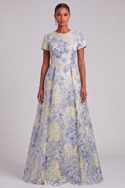 Jacquard Dusty Blue Floral A Line Long Wedding Guest Dress