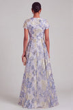 Jacquard Dusty Blue Floral A Line Long Wedding Guest Dress