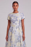 Jacquard Dusty Blue Floral A Line Long Wedding Guest Dress