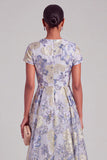 Jacquard Dusty Blue Floral A Line Long Wedding Guest Dress