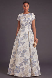 Jacquard Dusty Blue Floral A Line Long Wedding Guest Dress