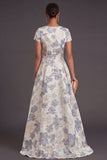 Jacquard Dusty Blue Floral A Line Long Wedding Guest Dress