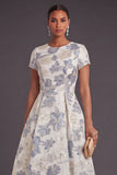 Jacquard Dusty Blue Floral A Line Long Wedding Guest Dress