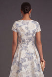 Jacquard Dusty Blue Floral A Line Long Wedding Guest Dress