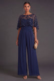 Sparkly Sequined Navy Strapless Long Formal Jumpsuits with Cape