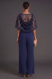 Sparkly Sequined Navy Strapless Long Formal Jumpsuits with Cape