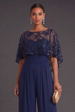 Sparkly Sequined Navy Strapless Long Formal Jumpsuits with Cape