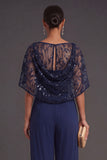 Sparkly Sequined Navy Strapless Long Formal Jumpsuits with Cape