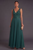 Dark Green A Line Floral Sparkly Sequined Long Formal Dress