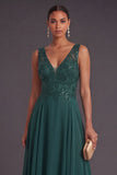 Dark Green A Line Floral Sparkly Sequined Long Formal Dress