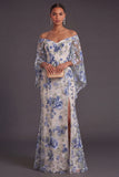 Blue Floral Off the Shoulder Mermaid Long Wedding Guest Dress with Slit