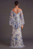 Blue Floral Off the Shoulder Mermaid Long Wedding Guest Dress with Slit
