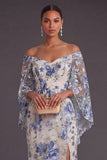 Blue Floral Off the Shoulder Mermaid Long Wedding Guest Dress with Slit